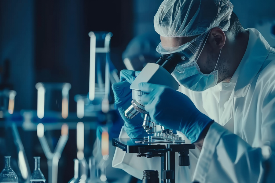 worker looking into microscope